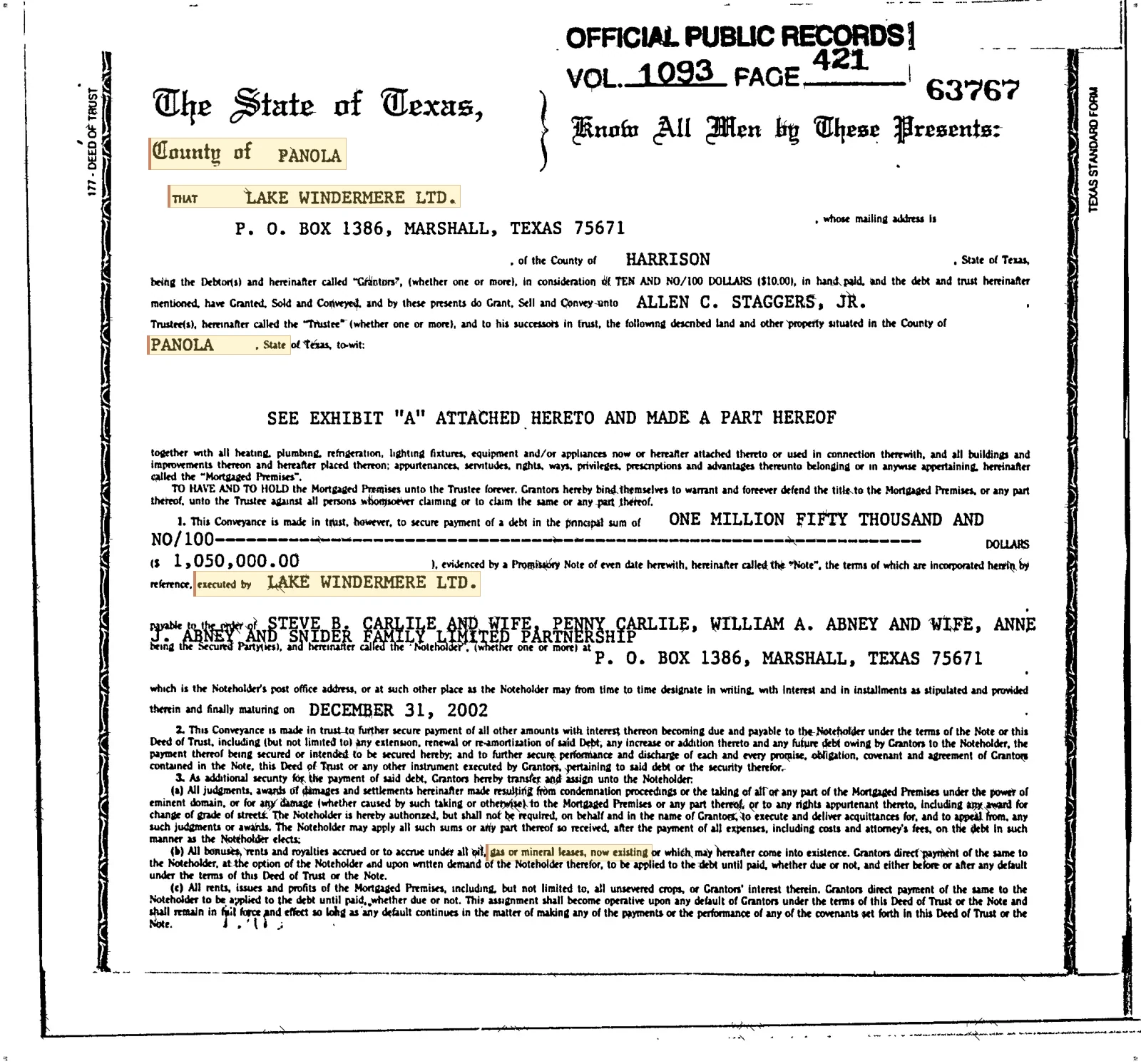 Lake Windermere, Ltd. - Recorded Deed Of Trust (Vol. 1093, Page 421)