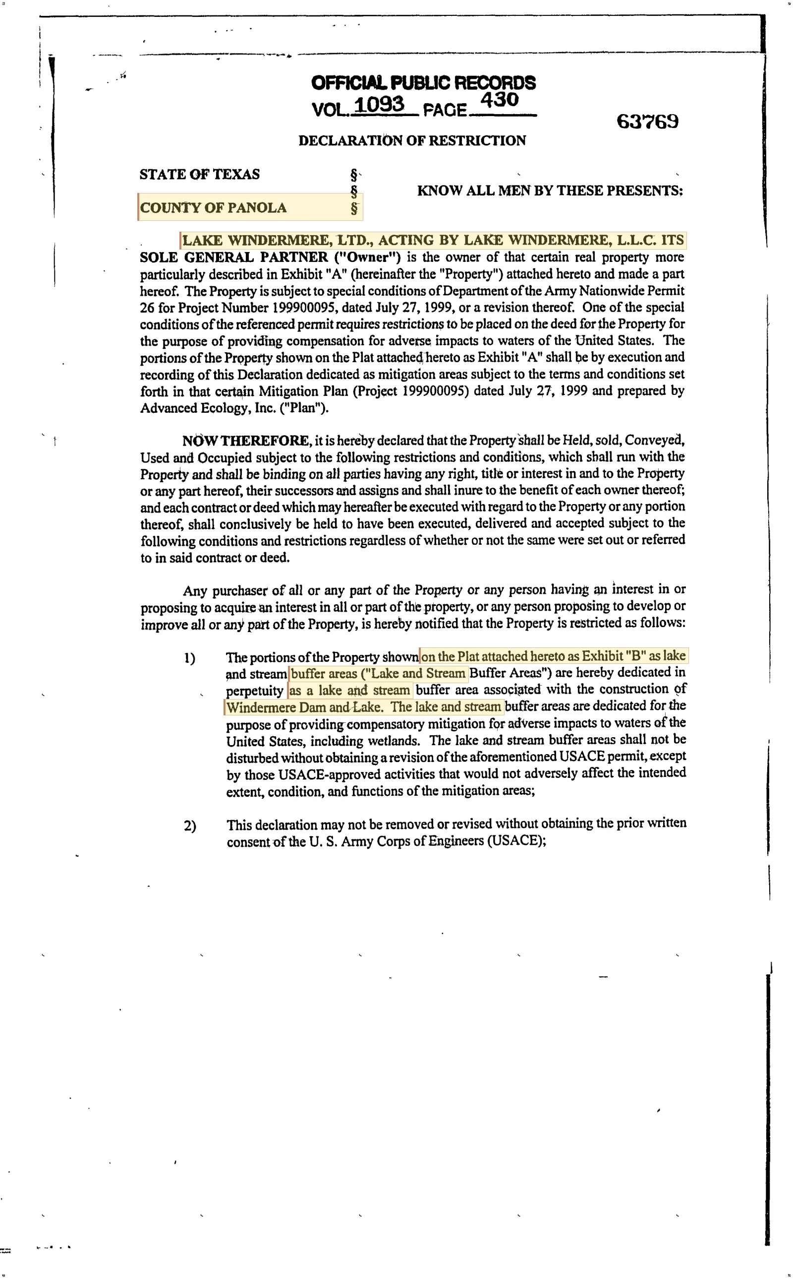 Lake Windermere, Ltd. - Recorded Restrictions (Vol. 1093, Page 430)